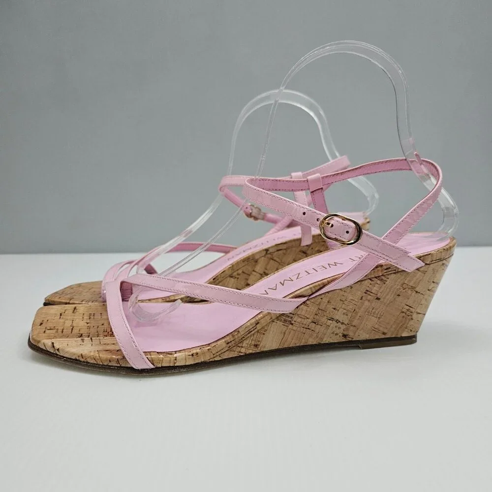 Stuart Weitzman Oasis 50 Cork Wedge Sandal Womens 10 Light Pink Strappy Designer